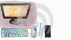 Watercolor set with computer monitor, keyboard, computer mouse, pencil, smartphone, copy space