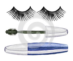 Watercolor set of cosmetics and make up artist objects. False eyelashes, brushes, mascara