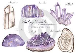 Watercolor set of crown chakra healing crystals amethyst, charoite, rhinestone, agate white