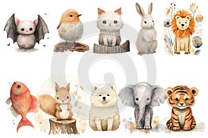 Watercolor set of Cute Baby bird, lion, dog, fish, bat, squirrel, cat, rabbit, tiger, elephant Safari Animals. Cartoon