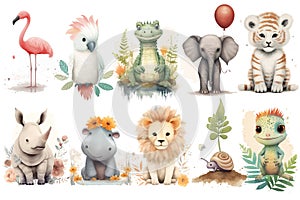 Watercolor set of Cute Baby lion, hippopotamus, rhinoceros, flamingo, elephant, crocodile, cockatoo, lizard, snail