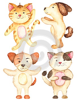 Watercolor set with cute cartoon cats and dogs.