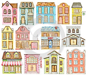 Watercolor set of cute cartoon city buildings