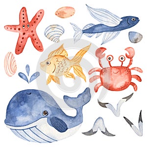 Watercolor set with cute cartoon kids underwater creatures.