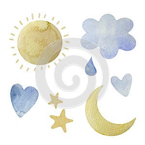 Watercolor set of cute cartoon sun, cloud, crescent moon and stars for baby in neutral boho style