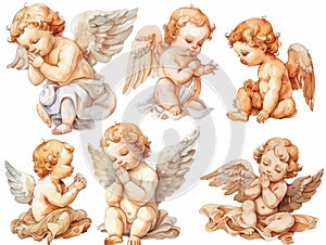 Collection of six adorable vintage-style cherubs illustrated in watercolor, perfect for art and design photo