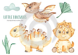 Watercolor set with cute dinosaurs kids, triceratops, stegosaurus, pterodactyl