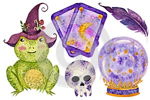 Watercolor set, cute frog, tarot, skull, crystal ball, feather isolated on white background. For various products etc.