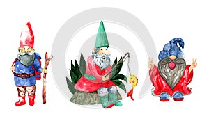 Set of watercolor gnomes, santa in different poses