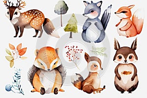 Watercolor set of cute woodland animals. Generative ai design