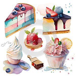 Watercolor set of different sweet desserts. Hand painted illustration isolated on white background