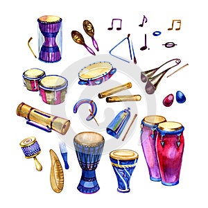 Watercolor set of different traditional ethnic percussion instruments