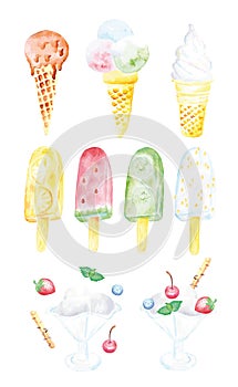 Watercolor set of different types of ice cream. Hand painted