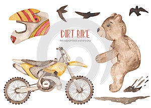 Watercolor set with dirt bike, bear racer, birds, dirt, helmet