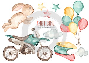 Watercolor set with dirt bike, bunny racer, balloons, helmet, stars, clouds photo