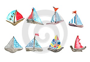 Watercolor set of eight cartoon cute wooden boats with colorful sails