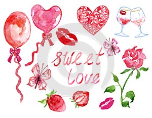 Watercolor set of elements for Valentine`s day in red and pink colors isolated