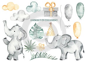 Watercolor set with elephants, balloons, clouds, cap, rope, leaves, flower