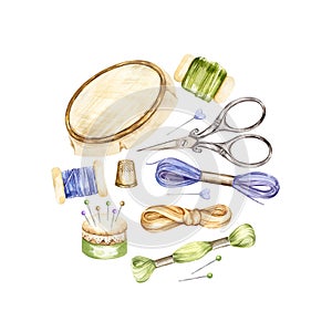 watercolor set with embroidery tools, hand drawn sketch of handiwork with needlework basket, scissors, flosses, yarn