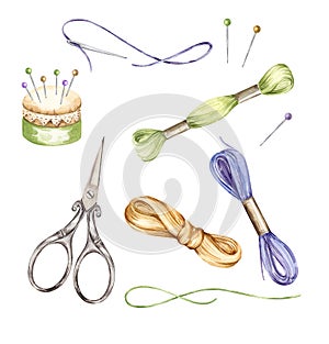 watercolor set with embroidery tools, hand drawn sketch of handiwork with scissors, flosses, yarn, pins, pincushion