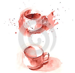 Watercolor set from an empty white cup andwhite cup of coffee or tea with splashes and place for text