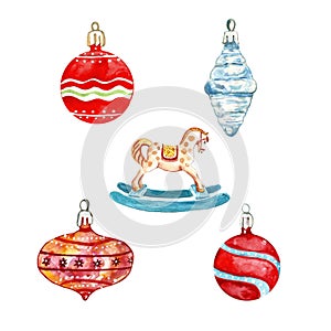 Set of festive midcentury Christmas tree decorations, red glass baubles ornament and rocking horse, isolated on white background.