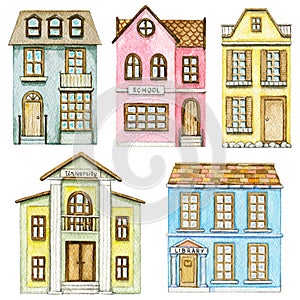 Watercolor set with five cute cartoon city buildings