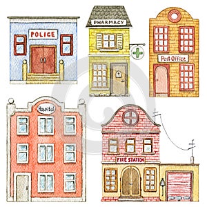 Watercolor set with five cute cartoon city buildings