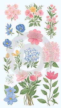 Watercolor set of flowers, leaves, branches, Elements for design on white background, illustration, Trendy, generative using ai to