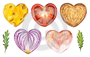Watercolor set of food hearts isolated on white background. Cheese  tomato  onion  toast  rukkola  ham.