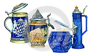 Watercolor set of four bavarian beer ceramic mugs