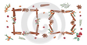 Watercolor set of frame with cinnamons, star anise, sea buckthorn, cranberries isolated on white. Christmas illustration of orange