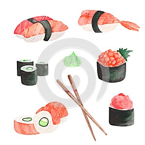 Watercolor set with a frame of Japanese food sushi photo