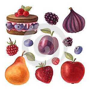 Watercolor set of fresh dessert, fruits and berries.