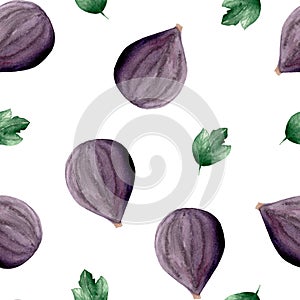 Watercolor set of fresh figs, slices of figs and leaves on a white background.