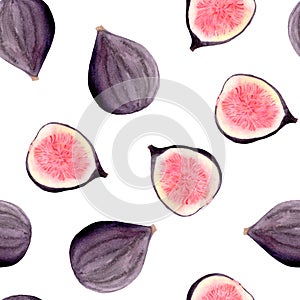 Watercolor set of fresh figs, slices of figs and leaves on a white background.