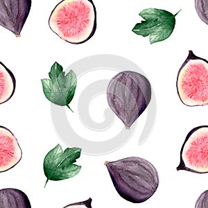 Watercolor set of fresh figs, slices of figs and leaves on a white background.