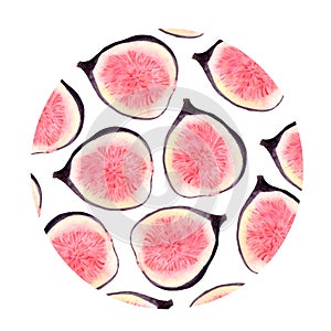 Watercolor set of fresh figs, slices of figs and leaves on a white background.