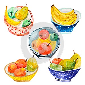 Watercolor set of fruit plates. Illustration of fruits and colorful bowls on an isolated white background. Healthy vegetarian food