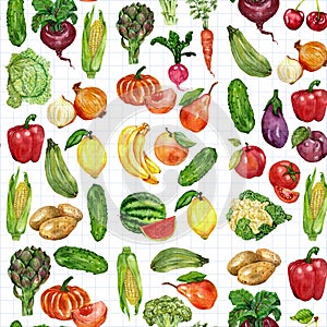 Watercolor set with fruits and vegetables