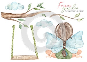 Watercolor set with garden fairy, tree branch, swing, clouds