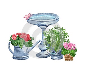 Watercolor set of garden objects bird feeder, watering can, flowerpot, flowers. Gardening tools. Spring garden