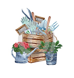 Watercolor set of garden objects wooden box, watering can with flowers, flowerpot. Gardening tools. Spring garden