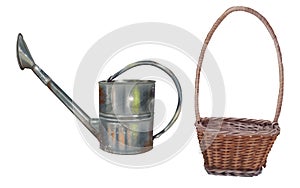 Watercolor set garden watering can and wicker basket. Realistic illustration