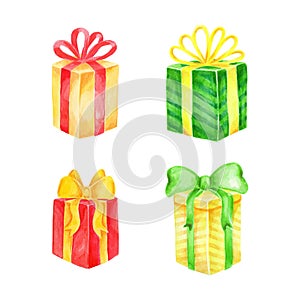 Watercolor set of Gift Boxes isolated on white background. Christmas presents vector illustration