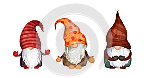 Watercolor set of gnomes scandinavian family in hats with stripes, dots. Isolated on white bundle of magic dwarfs