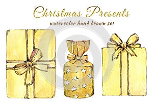 Watercolor set of golden gift boxes.