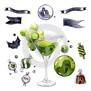 Watercolor set of Halloween objects. Martini glass with bathing ghost, bubbles, flags, lollipops, candy, bat.