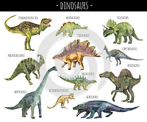 Watercolor set of hand drawn realistic dinosaurs