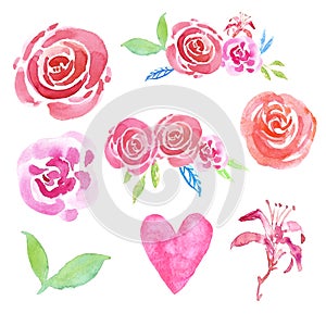 Watercolor set with hand painted blush pink roses, heart and floral compositions, isolated on white background.